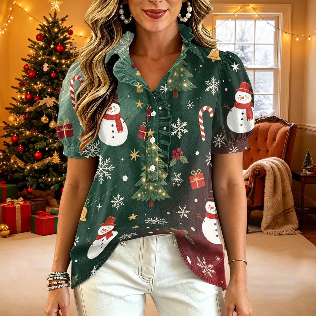 Damen V-Ausschnitt Weihnachten Print Kurzarm Knopfleiste Bluse mit Rüschenbesatz