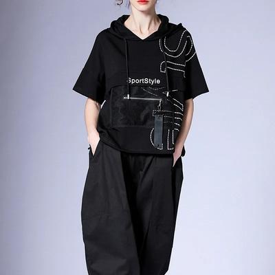 Women's Summer Short Sleeved Sports T-shirt with Loose Print Splicing and Belly Covering Hooded Top
