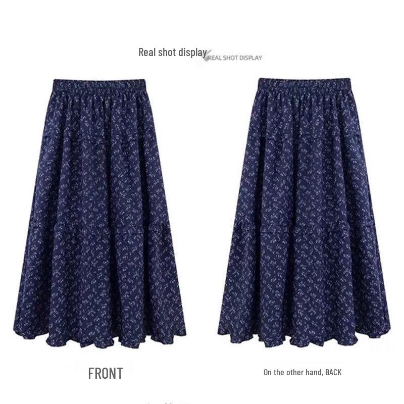 Retro Dark Blue Floral High-Waisted Midi A-line Skirt for Women - Spring 2025 Collection M (80-100 cm)