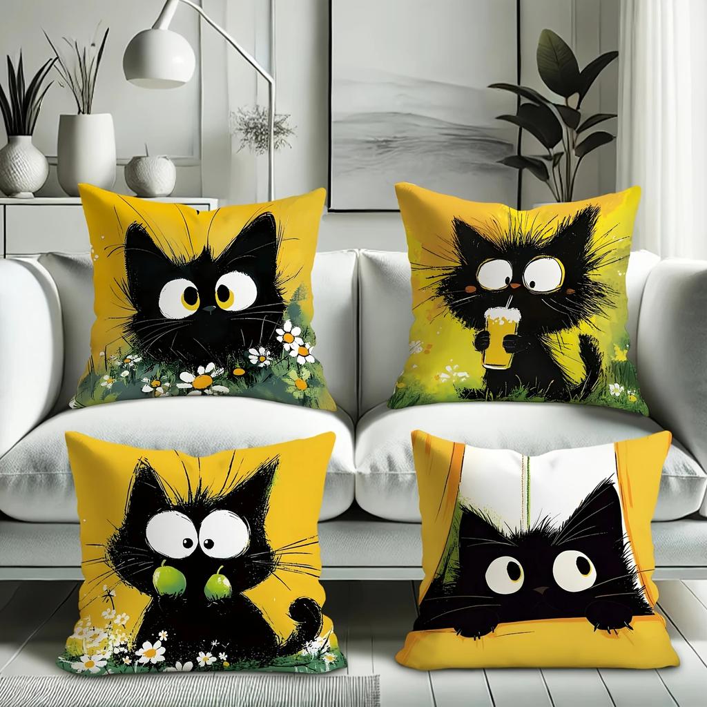 Set Of 4 Contemporary Black Cat Plush Print Throw Pillow Covers, Machine Washable, Zippered, Inserts Not Included