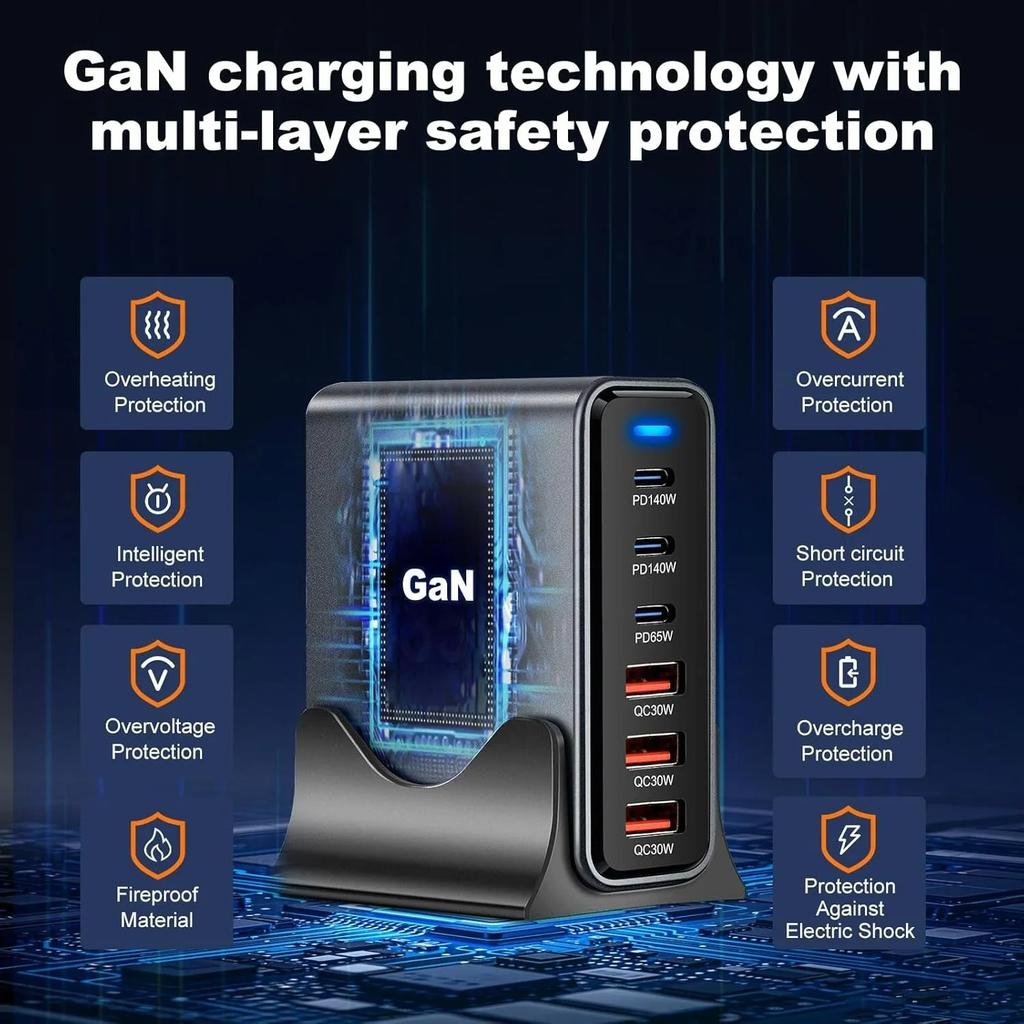 Desktop Charging Station 6 Port GaN USB C Charger 3 USB C 3 USB A Fast Charger for Laptop Tablet IPhone Android