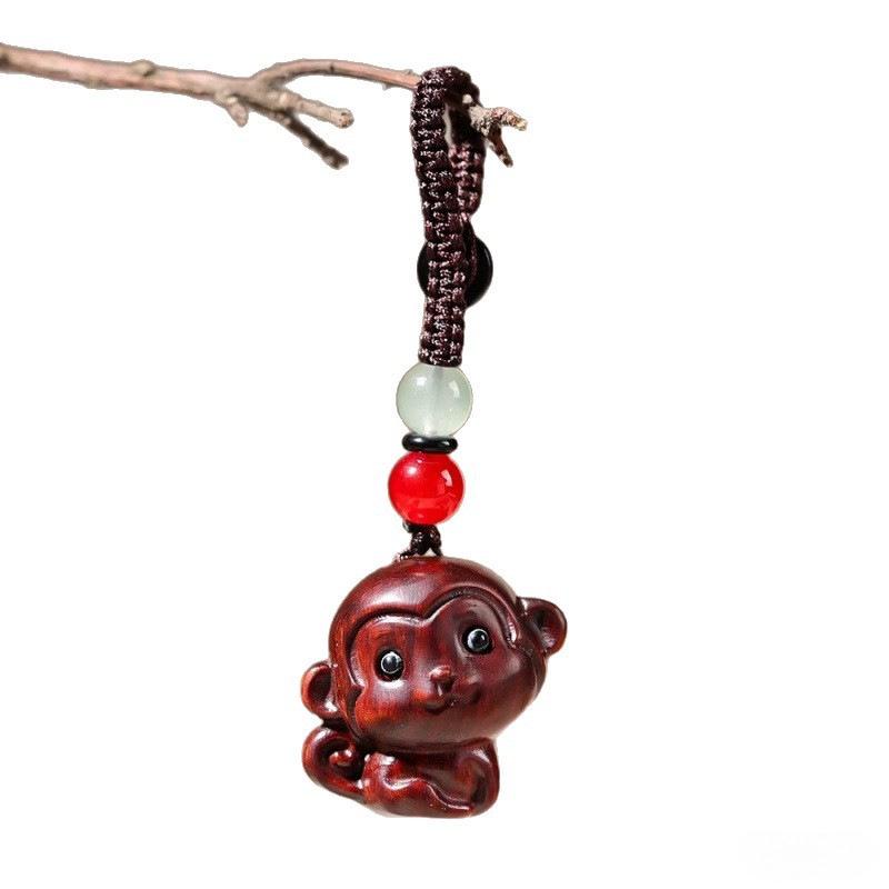 Sandalwood Zodiac Monkey Keychain Pendant – Retro Creative Phone Chain & Safety Ornament