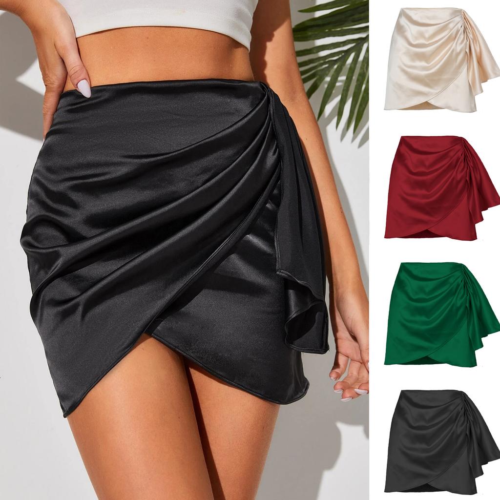 Summer Irregular Zipper Bustier Pleated Positioning Solid Color Satin High-waisted Skirt Comfortable Elegant and Premium Women's