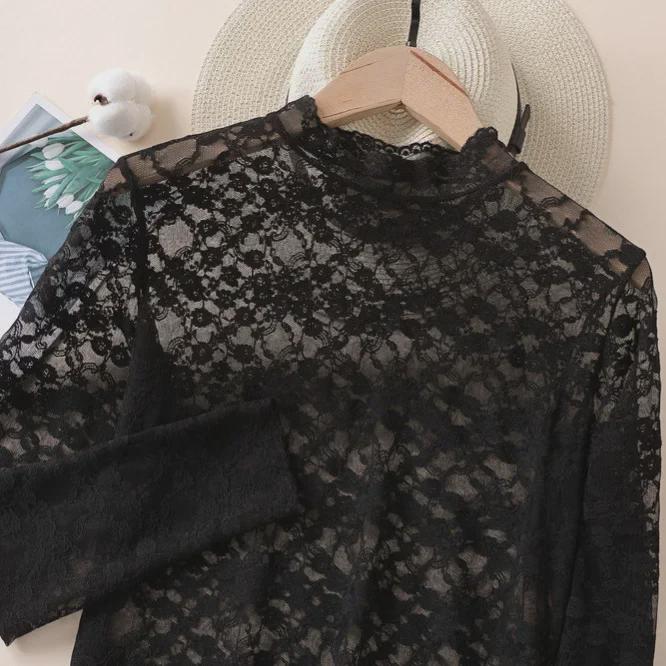 2024 Slim Korean Lace Mesh Pullover - Half-High Collar, Skin Color