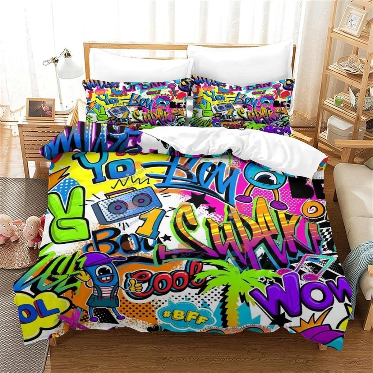 

Comforter 3D Colourful Street Graffiti Printed 2 Pieces Microfiber Bedding Set Zipper With 1 S Comforter (quilt)-EU Single(135*200cm)3pcs