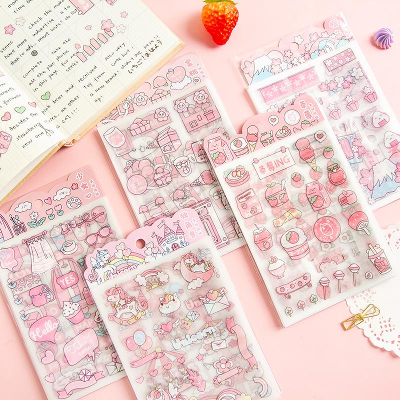 4Sheets Cartoon Pattern Decoration Sticker, Transparent PET Hand Account Decoration, Girl Student, Strawberry Cherry, Wholesale