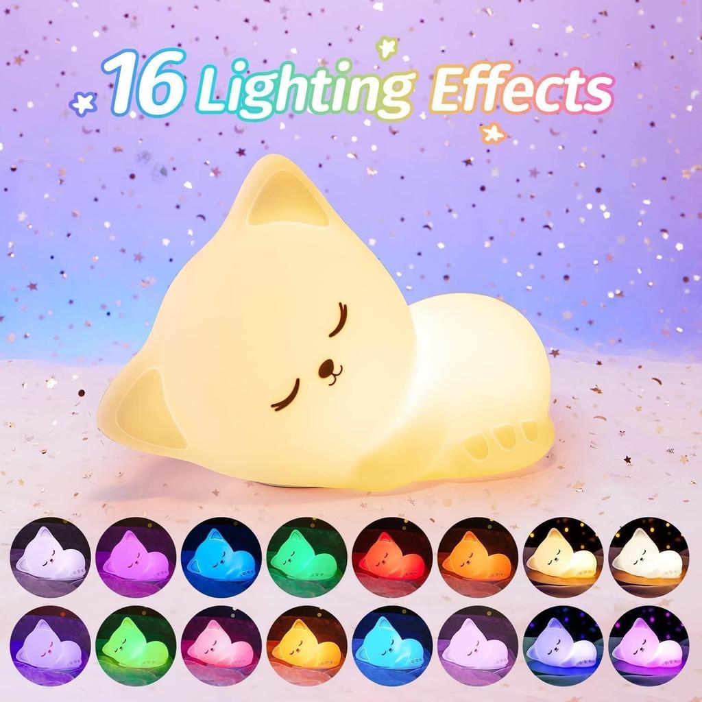 Night Light for Kids,16 Colors Cat Lamp Cute Lamp,Dimmable Baby Night Lights for Nursery,Silicone Rechargeable Nightlight for Kids Room,Kawaii Room
