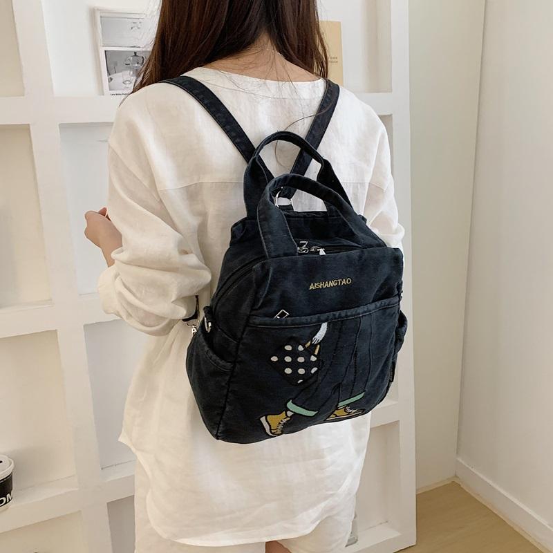 Women Cartoon Embroidery Denim Tote Bag Carry Handbag with Detachable Crossbody Strap Large Capacity Washed Jean Casual Daily Shopping Messenger