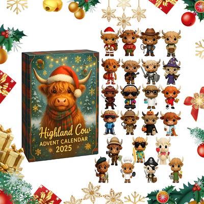 3D Schottisches Hochlandrind Weihnachtskalender 2025 mit 24 Ornamenten Xmas Countdown Kalender Xmas Kalender für Rinderliebhaber Weihnachtsgeschenk