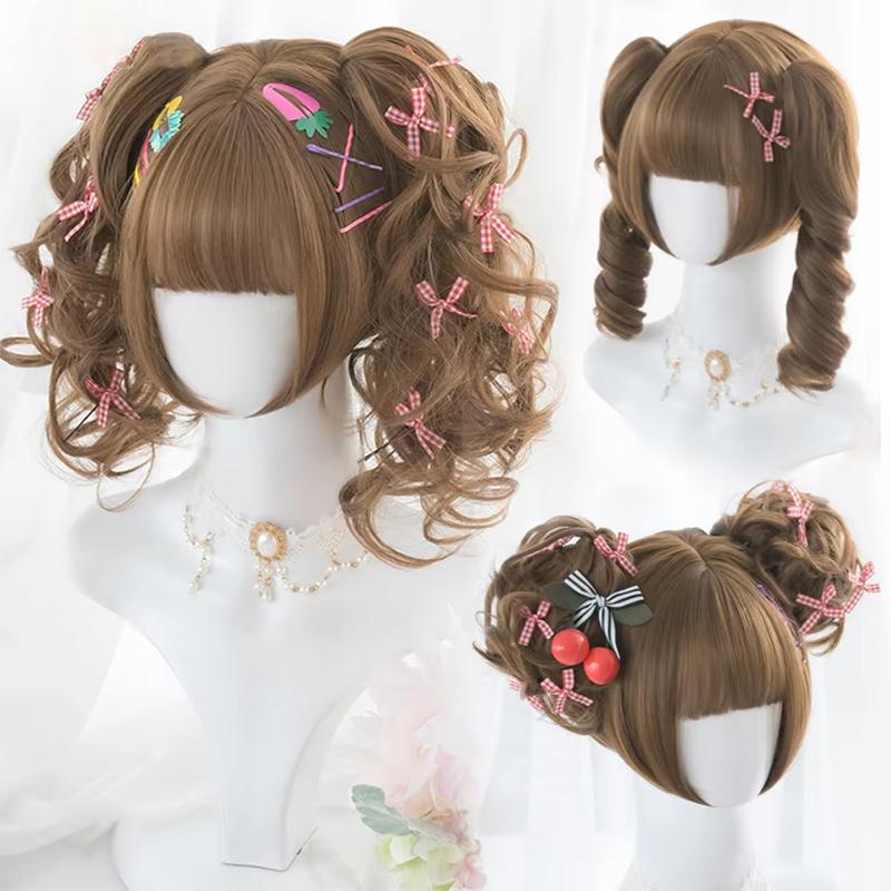 Synthetic Short Lolita Cosplay Christmas Halloween Bob Wig Wave Female Wig with Ponytail Natural Fake Hair for Women