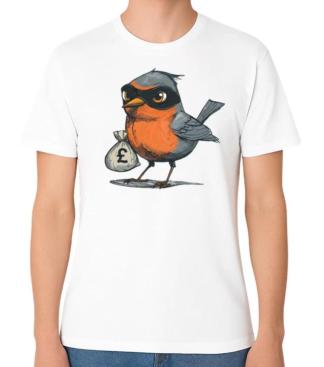 Robin With Money Bag Funny Rob Robbing Bank British Bird Graphic Unisex T-Shirt XXXL