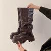 Fashion Vintage Height Increase Women Western Mid Calf Boots Fashion Belt Buckle Knight Booties Winter Shoes Zapatos De Mujer