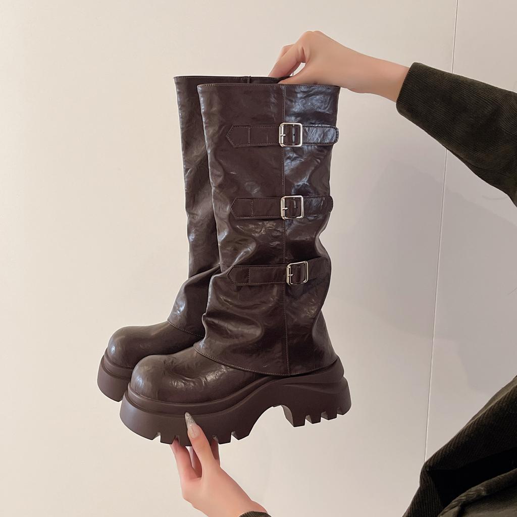 Fashion Vintage Height Increase Women Western Mid Calf Boots Fashion Belt Buckle Knight Booties Winter Shoes Zapatos De Mujer