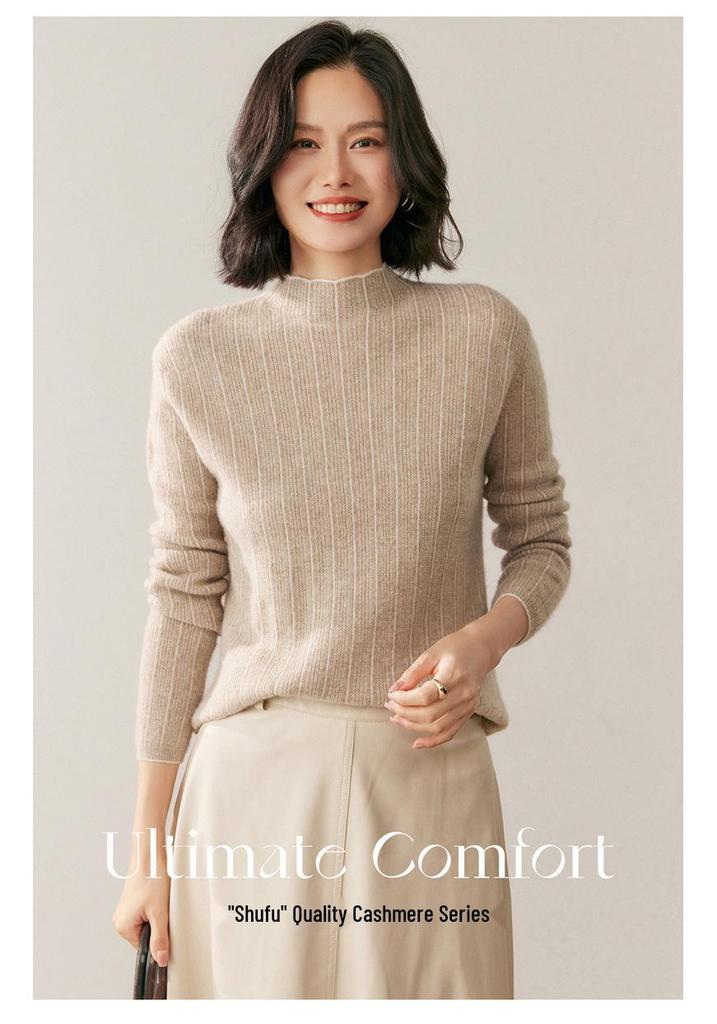 Women's Cashmere Knit Sweater: Retro Slim-Fit, Half-High Collar, Versatile Solid Color for Autumn & Winter.