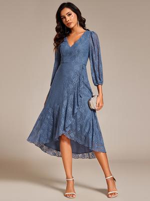 Ever-Pretty Damen Exquisites Langarm High-Low-Kleid mit Lotusblatt-Saum und Spitze für Hochzeitsgäste