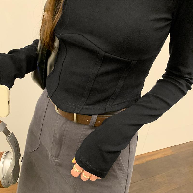 Square Neck Fishbone Top für Damen im Herbst, neues, taillenbetontes Langarm-Kurz-T-Shirt mit Unterhemd