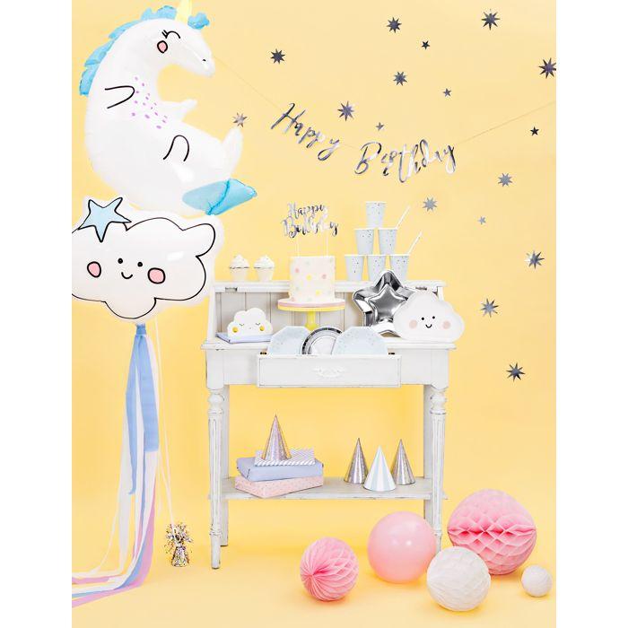 Cake topper en carton happy birthday argenté métallisé 22,5 cm - argent