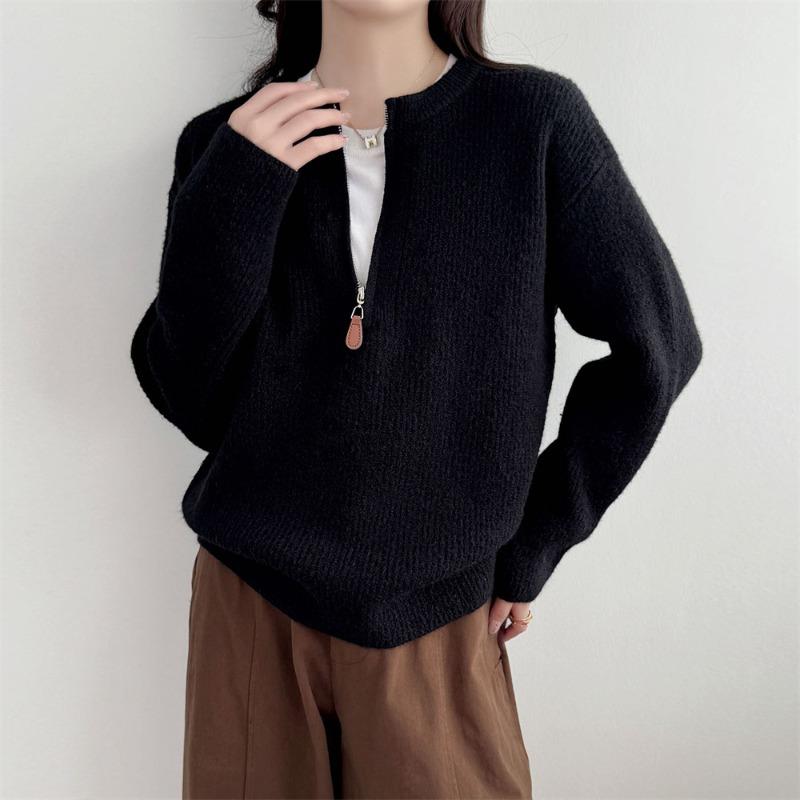 Lazy wind semi-zipper knitted bottoming shirt autumn and winter new high-end round neck pullover sweater women's outer top women