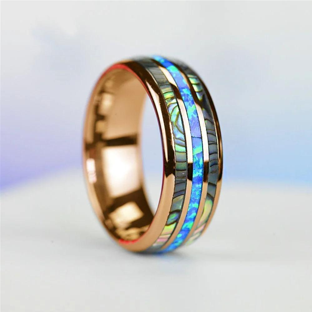 Fashion 8mm Silver Color Stainless Steel Ring For Men Fashion Abalone Shell Inlay Ring Men's Wedding Band Accessories
