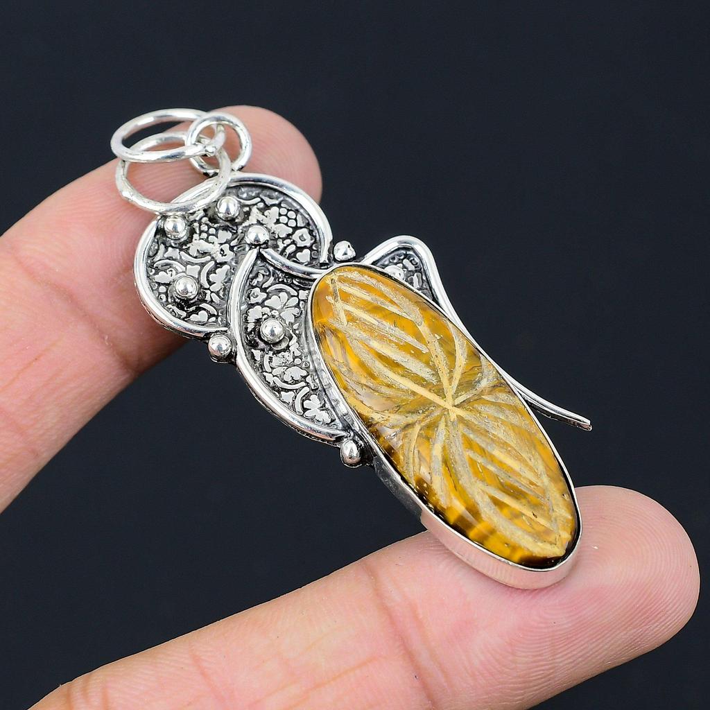 Daughters Day Sale 925 Silver Natural Carved Tiger Eye Sister Ethnic New Pendant