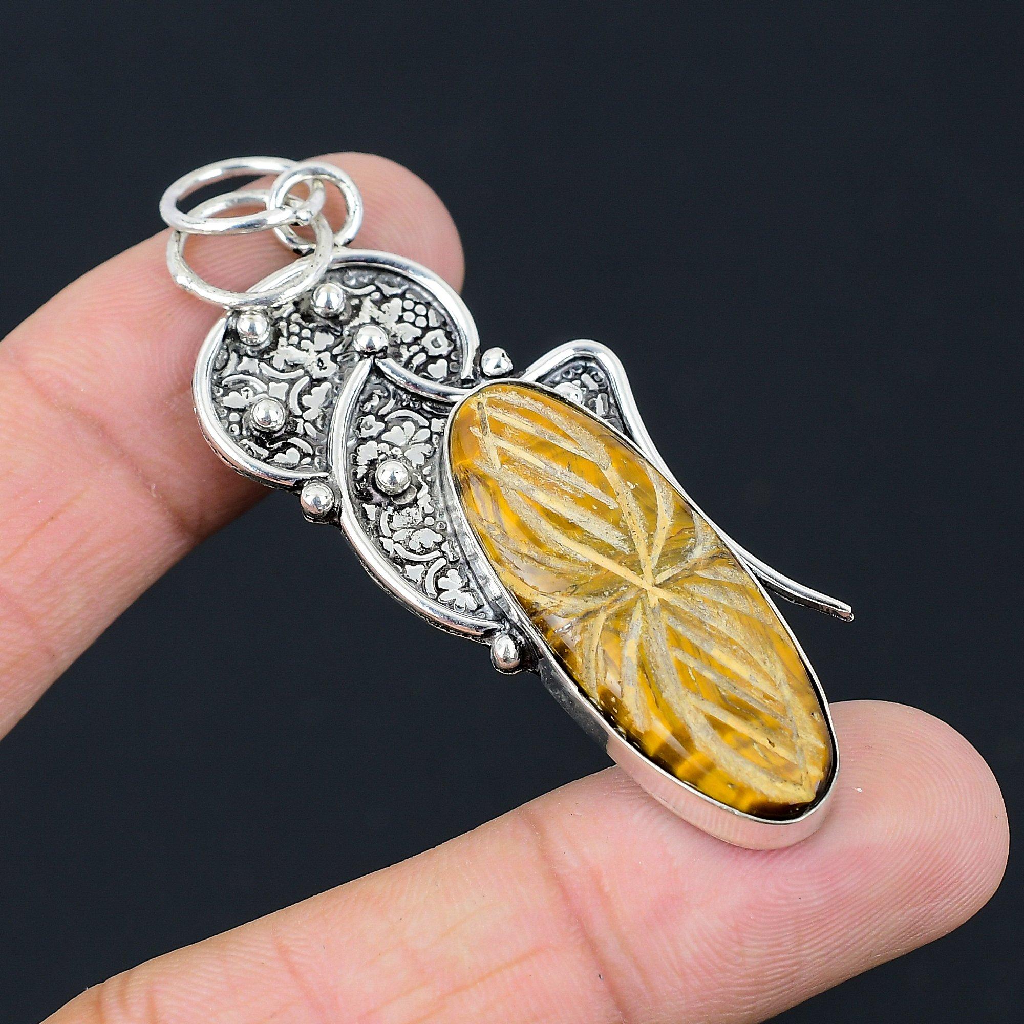 Daughters Day Sale 925 Silver Natural Carved Tiger Eye Sister Ethnic New Pendant