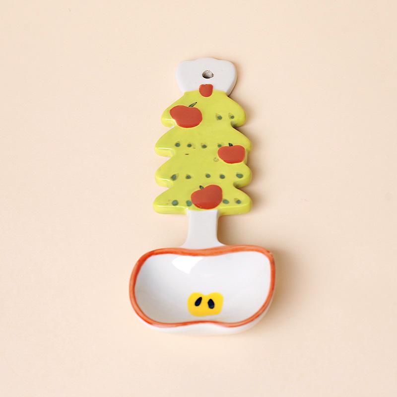 Underglaze Colored Ceramic Spoon Cute Christmas Cherry Scoop New Kitchen Cooking Utensil for Dessert Soup Long Handle Soup Spoon