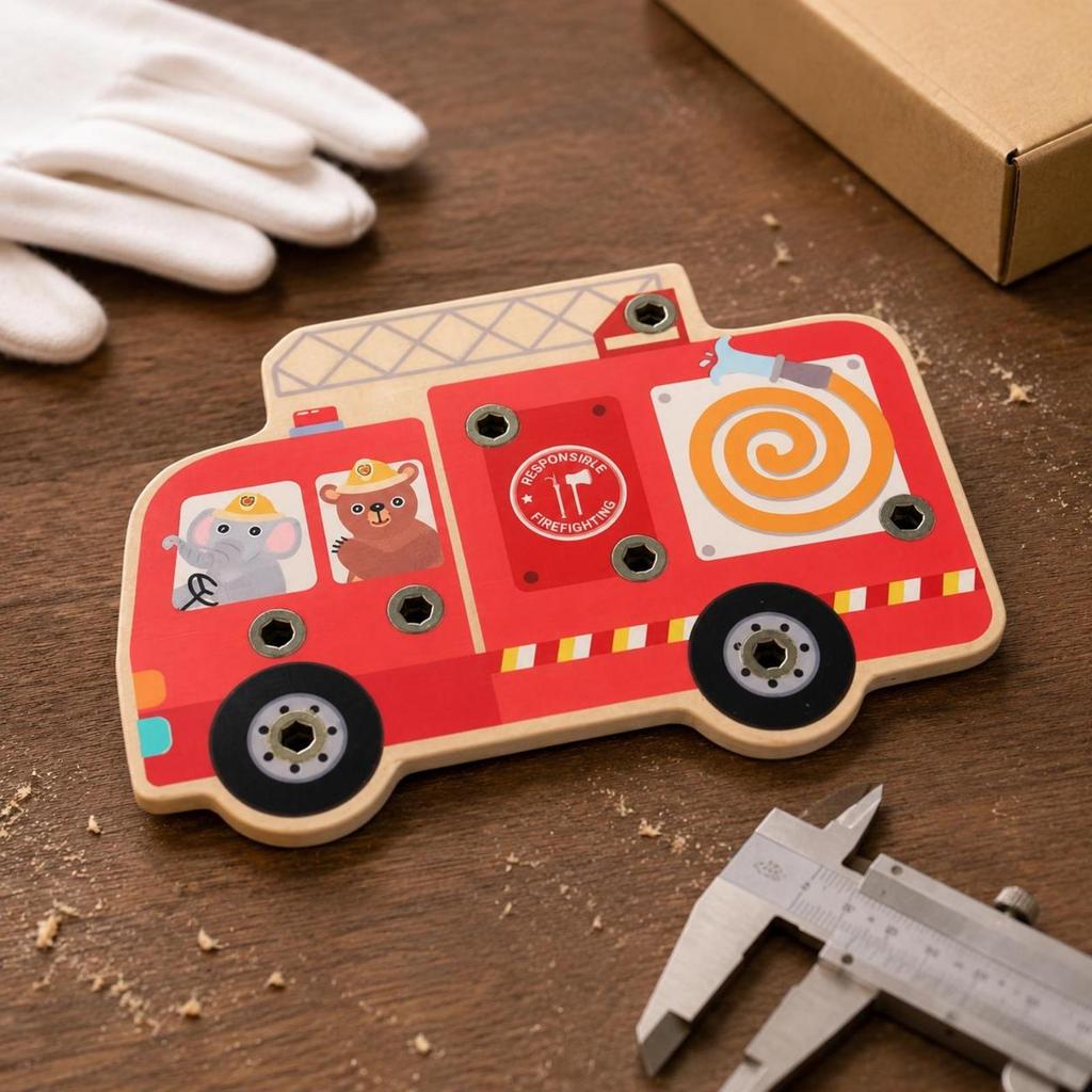 Nut Assembly Toy Threaded Holes Wooden Fire Truck Red Printed ScrewandNut Play Board
