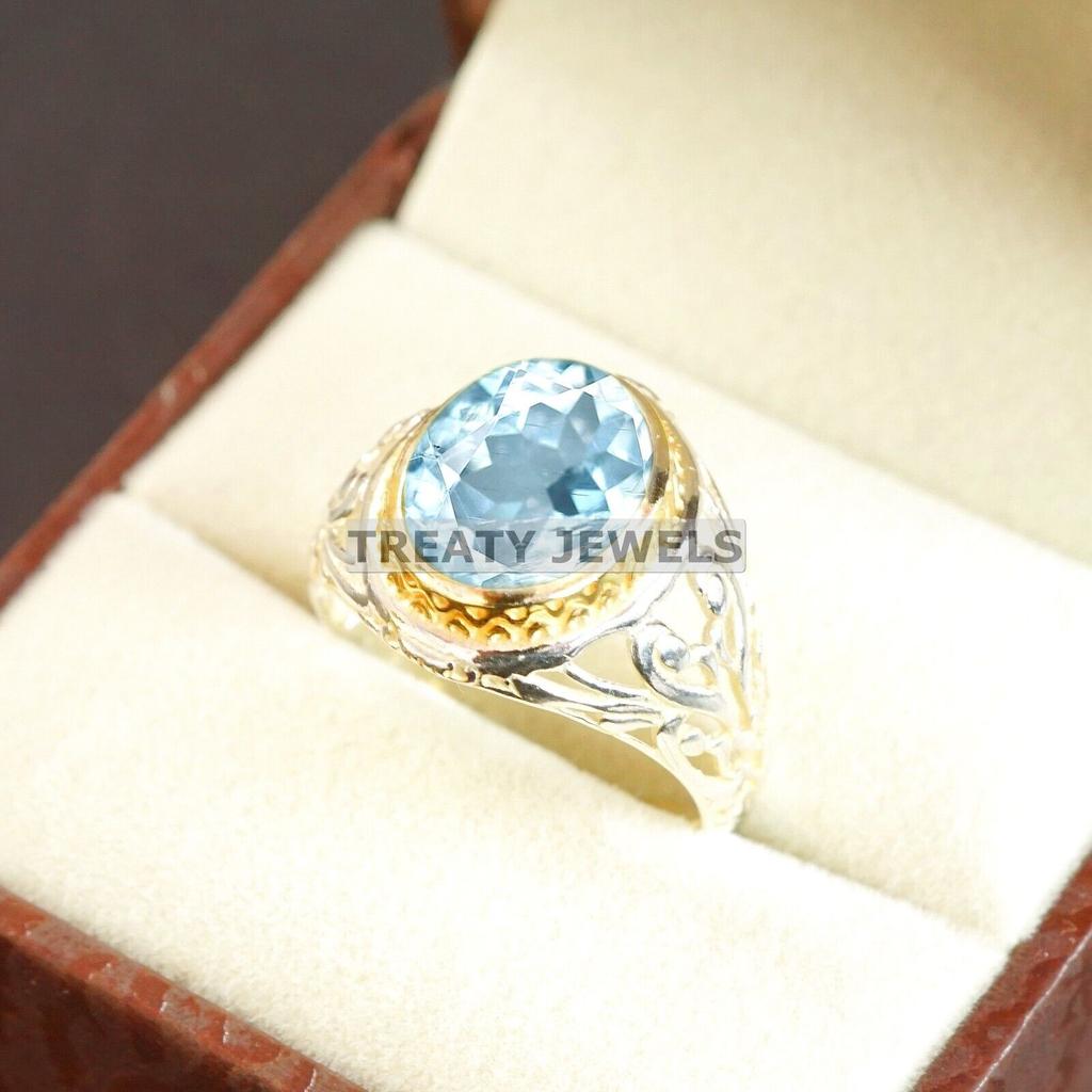 Aquamarine Oval Cut Gemstone With 925 Sterling Silver Ring For Men's #A752 JL375659092832