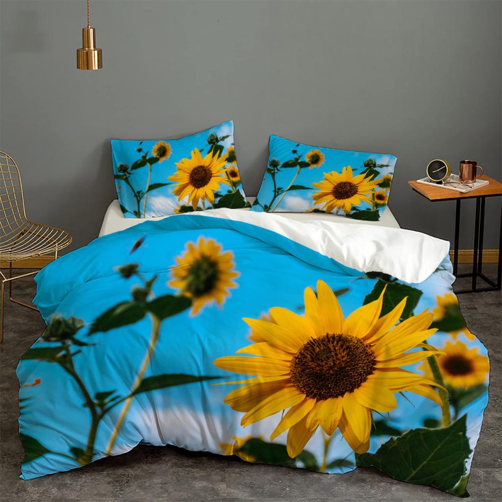 Gelbe Sonnenblume King Queen Bettwäsche Set Blüten Blumen Bettbezug Blau Schmetterling Blumen Bettbezug Polyester Bettbezug