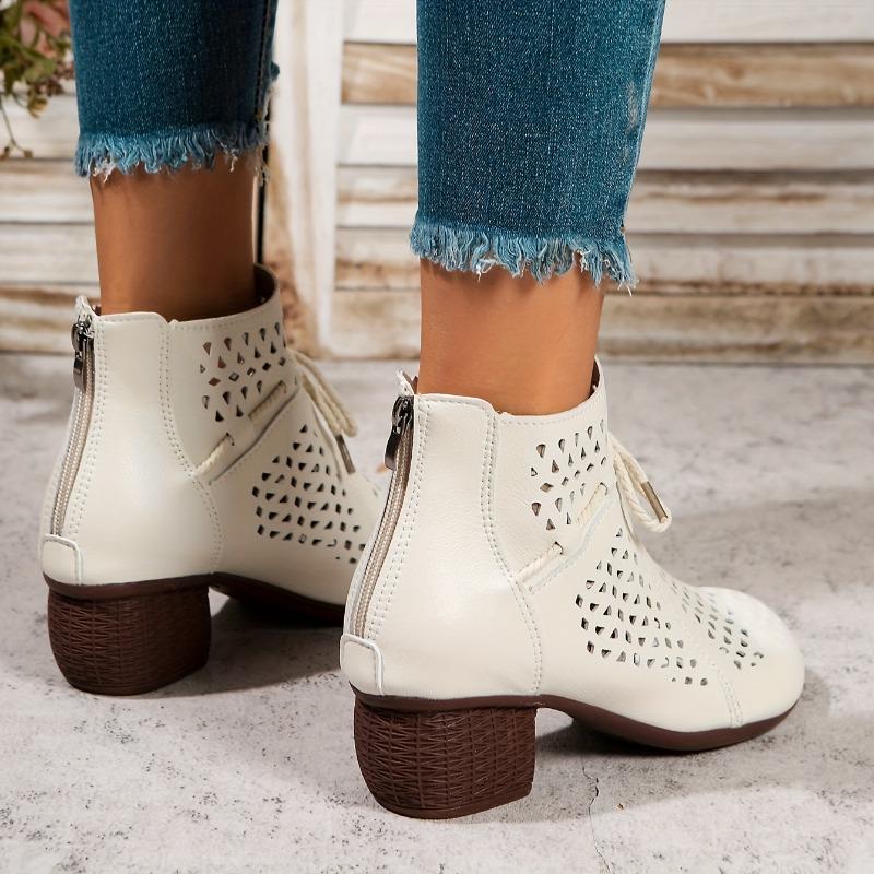 Women'S Breathable Cut-Out Chunky Heel Ankle Boots - Soft Synthetic Cover Round Toe Lace-Up Boots with Thick Rubber Sole for Casual & Formal Outfits