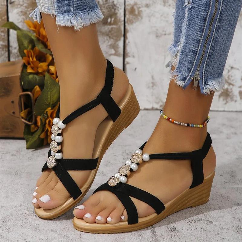 Beaded Women Wedges Sandals Platform Shoes Summer Dress Beach Slippers 2024 Designer New Flip Flops Pumps Femme Zapatos Slides
