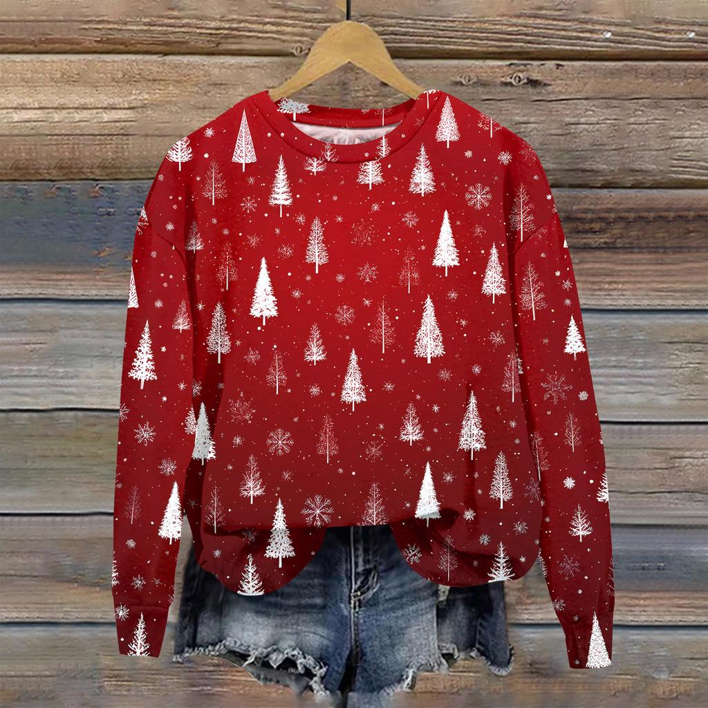 Women's Christmas Printed Casual Fashion Long Sleeve Round Neck Pullover Top