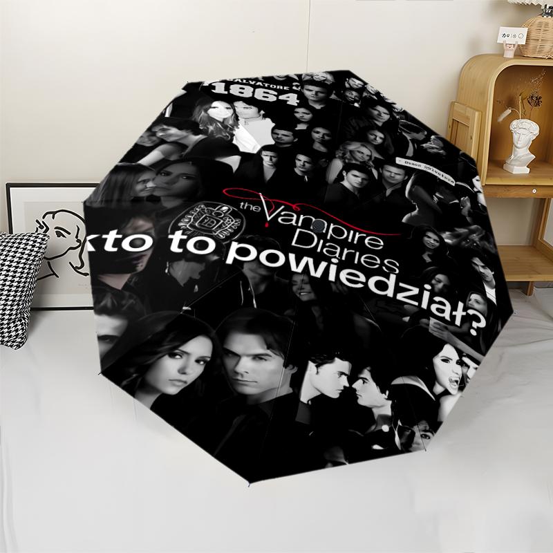 Parapluie Automatique Imprimé The Vampire Diaries, Structure en Fer à 8 Baleines, Poignée en Plastique, Convient pour les Voyages en Plein Air et le Quotidien, Cadeau Idéal