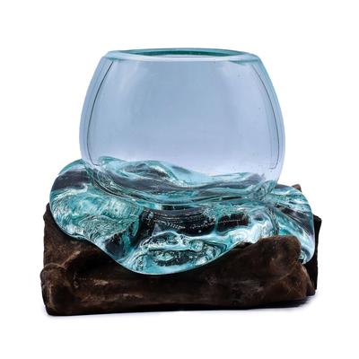 Molten Glass Mini Goldfish Bowl On Wood 20cm