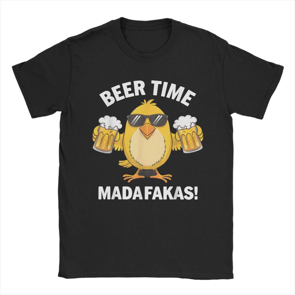 Funny Chicken Beer Time Madafakas Mens T Shirt  Amazing Tee Shirt Short Sleeve Crewneck TShirts Cotton Original Clothing