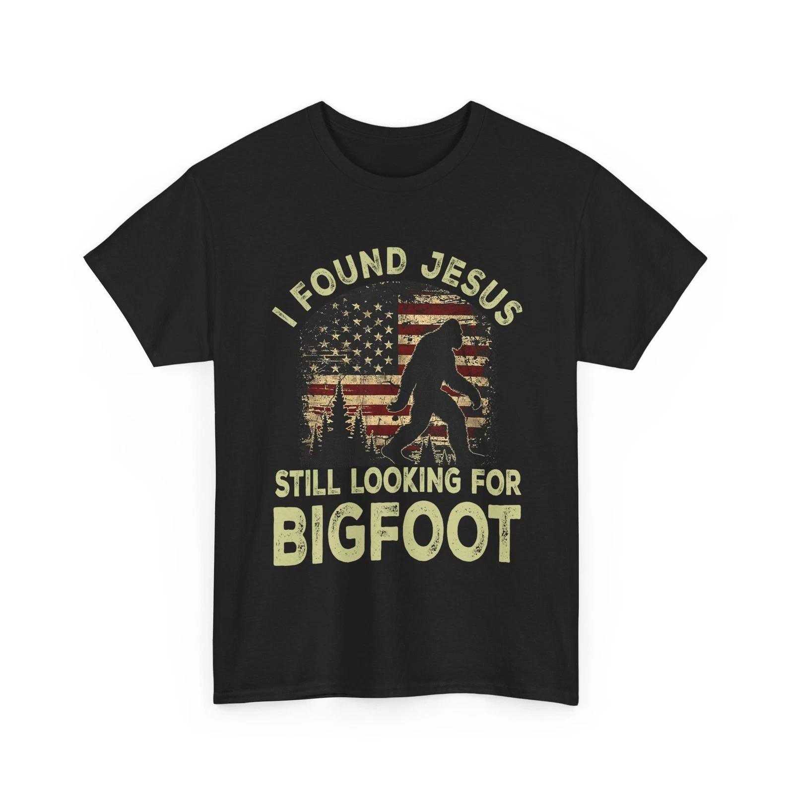 I Found Jesus Still Looking Bigfoot American Flag Funny Christian Shirt L