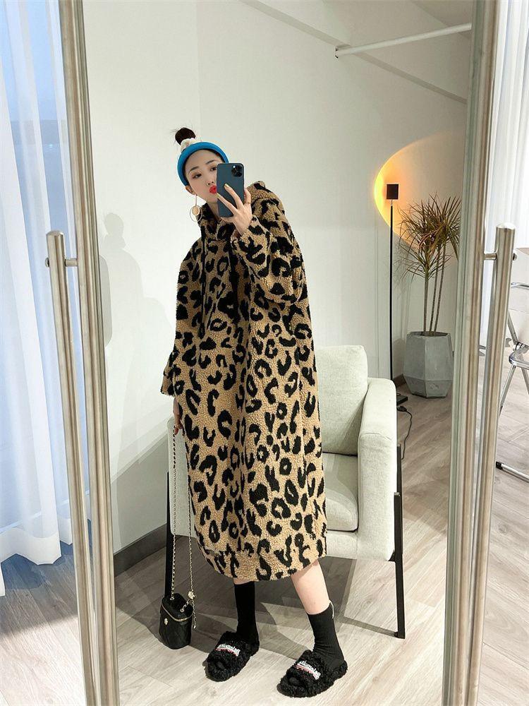 Leopard Print Sherpa Mid-Length Sweatshirt Dress