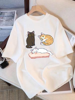Mischievous Three Colored Kittens Prints Women T-Shirt Summer T Shirt O-Neck Comfortable Loose Tops Street WomEn Clothes