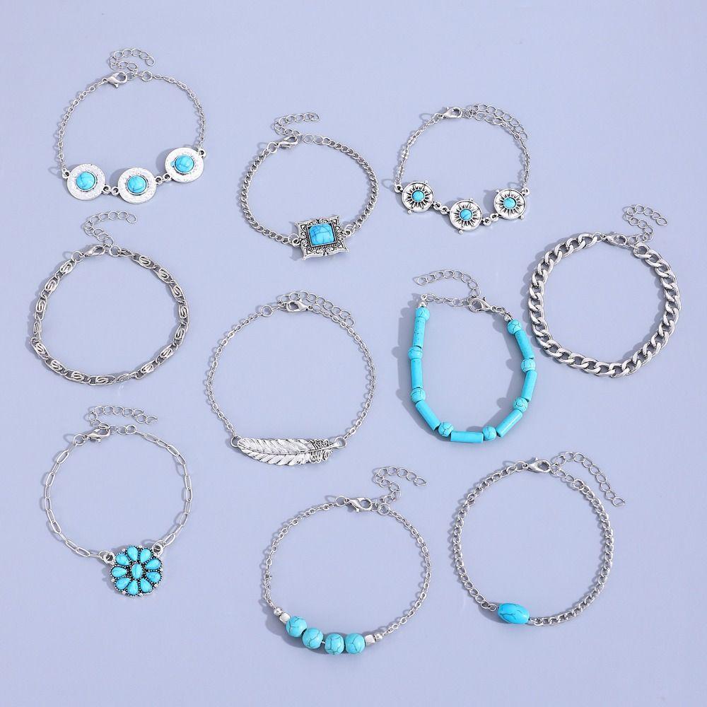 Pearl Multilayer Turquoise Wristband Beads Bohemian Style Hand Chain Turquoise Bracelet Set Party