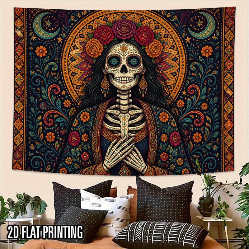 2D Flat - 2D Flat - 2D Flat 1pc Tapestry Day of The Dead Sugar Skull Tapestry Floral Wall Hanging Aesthetic High-Definition Printing Polyester for Liv