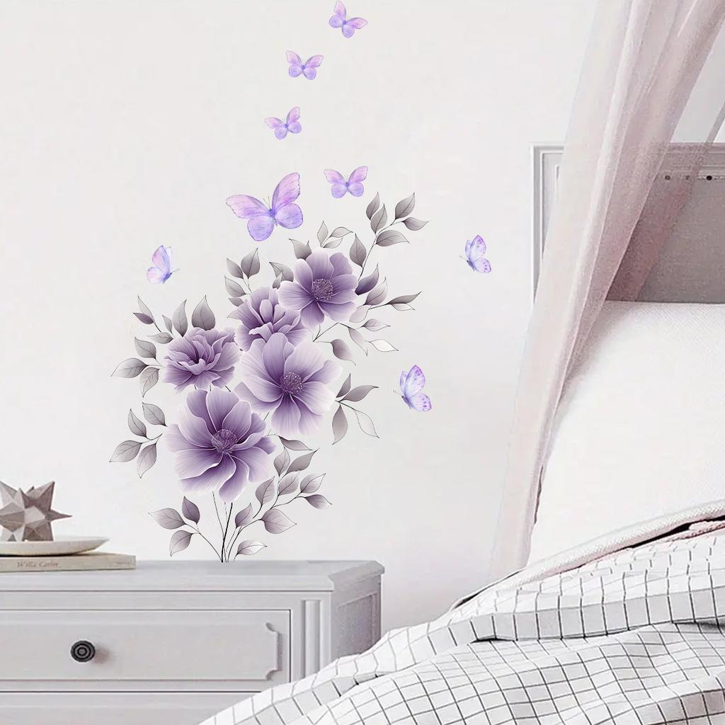 Aesthetic Purple Floral Butterfly Wall Stickers, French Countryside Self-Adhesive Decor for Room Background Wall Decoration