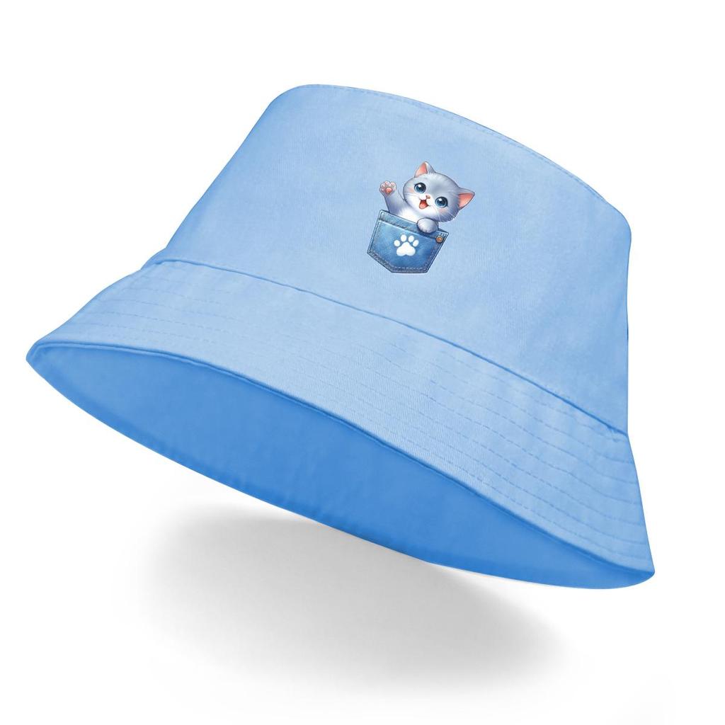 Bucket Hat With Cute Cat Print , Dog Claw Pocket Fisherman Cap Solid Color Wide Brim Unisex Basin Hat