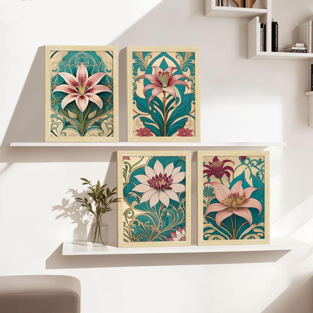 Paper Lilly Flowers Botanical Art Paintings With Frame for Home Decor, Wall Painting for Living Room, Multicolor, Set of 4
