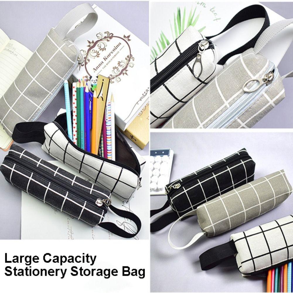 Canvas Stationery Storage Bag Checkered Stripe Pencil Case New Pen Bag  Universal