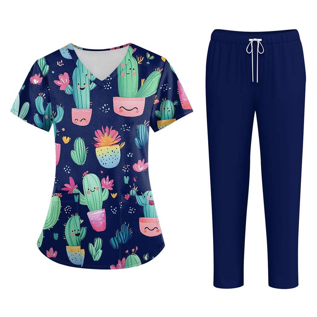 Magliette da lavoro taglie forti, uniformi da lavoro stampate per donne, scollo a V incrociato, stampa di Halloween, maniche corte, divertenti, t-shirt da lavoro con tasche