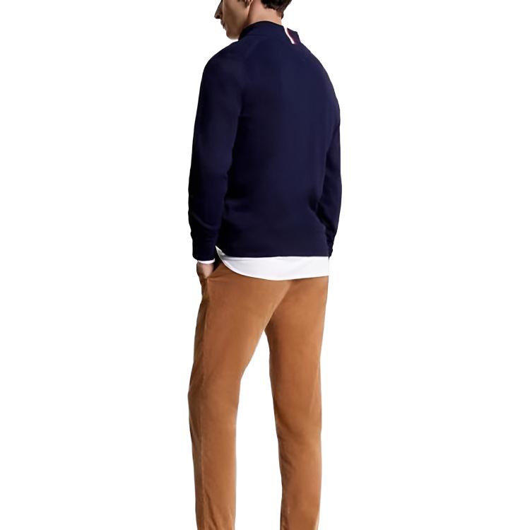 Tommy Hilfiger Solid Color Zip Stand Collar Brand Logo Long Sleeve Cashmere Sweater Men sweater Navy-Blue MW0MW28050-DW5