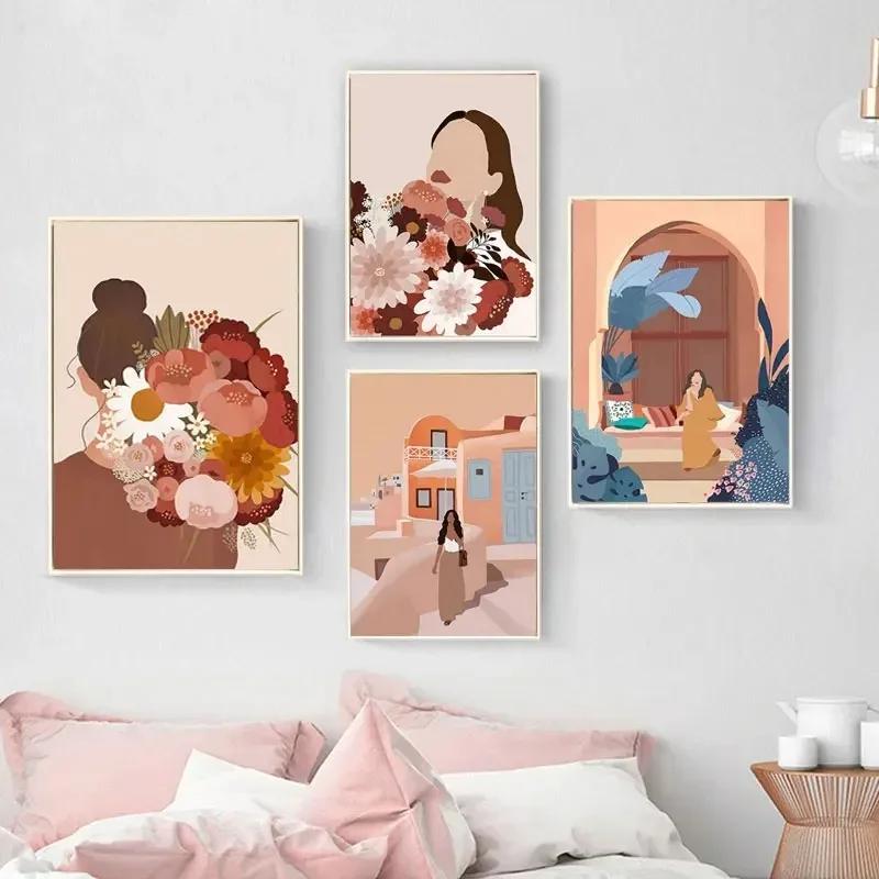 Fashion Vintage Girl Abstract Figure Wall Art Canvas Painting Nordic Posters And Prints Wall Pictures For Living Room Home Decor