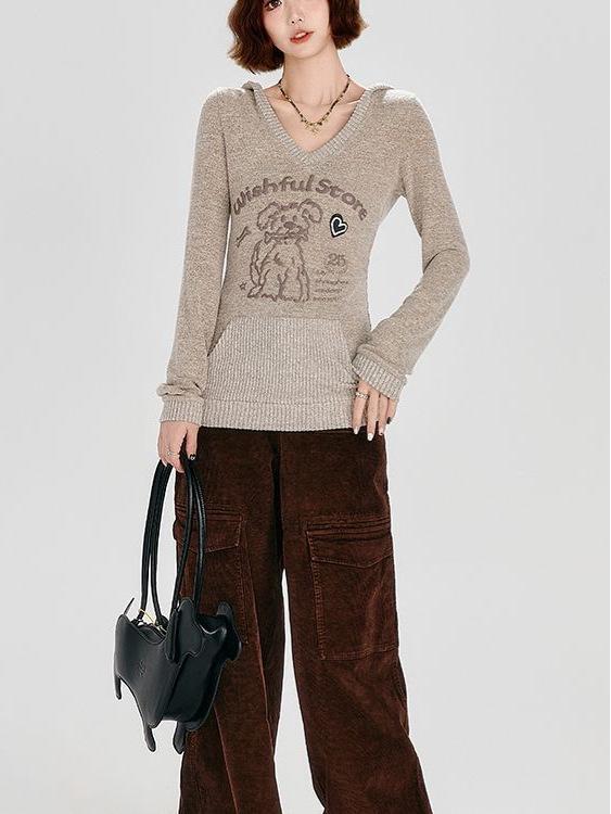 American Chic Slim-Fit Long-Sleeve Little Dog Hoodie for Women - Early Autumn Design