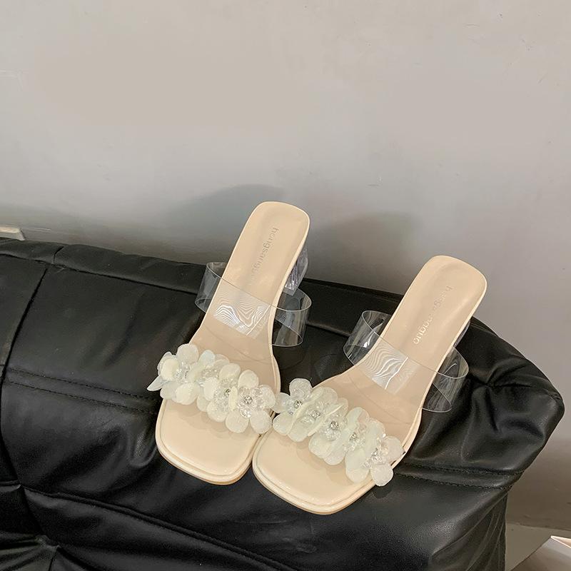 

In the summer of 2025, the new women s crystal thick-heeled high-heeled slippers are comfortable and versatile, and the fashionable outer slippers are 35