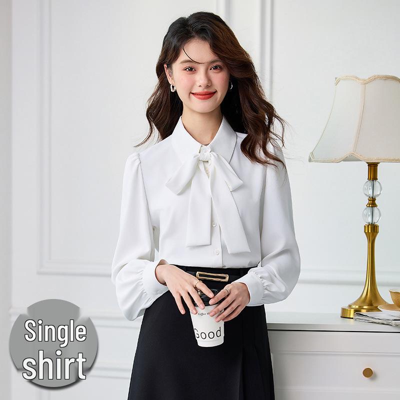 

Дизайнерская белая блузка с галстуком-бабочкой и длинными рукавами для женщин - Коллекция Весна/Осень 2025, Профессиональная одежда больших размеров XXXXL